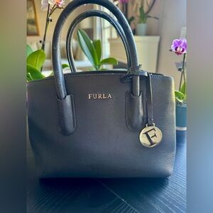 Furla Dark Grey Structured Leather Satchel with Logo Gold Charm